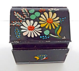 Vintage Metal Recipe Box Black Bin Style Toleware Folk Art Mid Century Modern