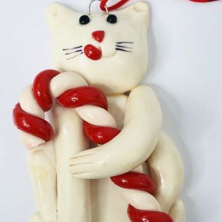 Cat Vintage Christmas Ornament Candy Cane Kitty Silvestri Polymer Clay Hand Made