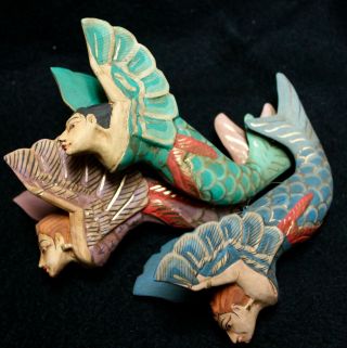Winged Mermaid Goddess Ornament Set Hand Carved Painted Wood Balinese Folk Art