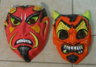 2 1960s Early Vintage Devil Monster Plastic Halloween Masks