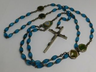 Vintage Blue Glass Beaded Lady Of Lourdes Holy Water Rosary Prayer Beads 24 "