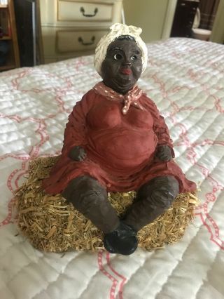 Vintage Artistic African American Figurine Woman Sitting On A Bale Of Hay