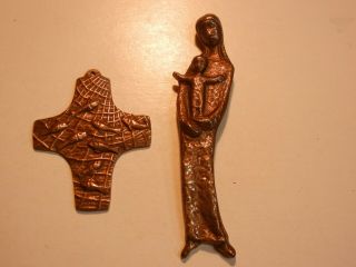 Vintage Virgin Mary Madonna With Baby Jesus Figurine & Cross With Fish - Ichthus