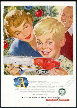 1952 Santa Fe Railroad Toy Train Christmas Art Weirton Steel Vintage Print Ad