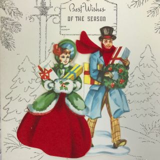 Vintage Mid Century Christmas Greeting Card Girl In Flocked Victorian Dress