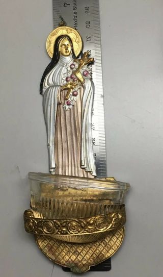 ANTIQUE GERMAN TIN & GLASS RELIGIOUS HOLY WATER FONT 4