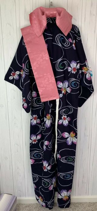 Vintage Japanese Cotton Kimono Blue Floral Obi Belt Japan 1980’s