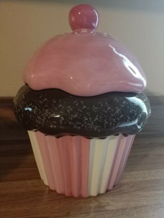" Happy Valentine Day " Pink Brown Cupcake Cookie Jar With Cherry On Top