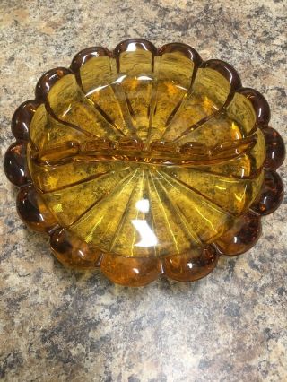 Vintage Amber Glass Ashtray Divided Heavy Ornate Design 6763 Retro Mc