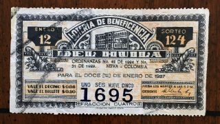 1937 Neiva - Colombia Lottery Ticket With Stamps / Cancels South America Antique