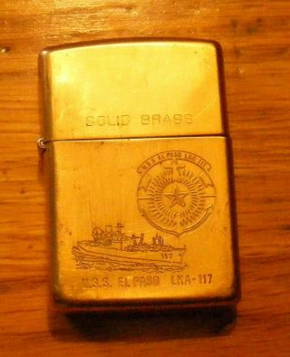 Vintage Brass Zippo Lighter U.  S.  S.  El Paso Lka - 117 - - Made In U.  S.  A.