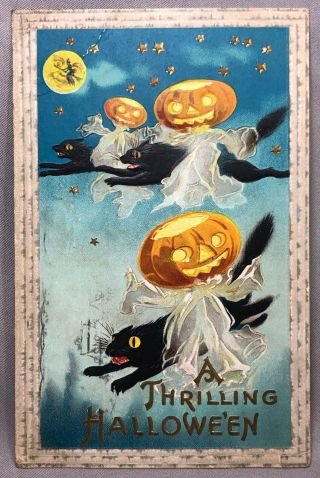 1912 Thrilling Halloween Flyng Jack O Lantern Pumpkin Black Cat Postcard Antique