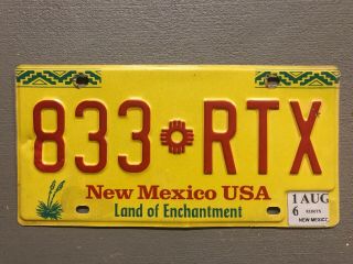 Mexico License Plate Yellow Zia Sun Land Of Enchantment 833 - Rtx 2016