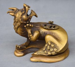 7 " China Bronze Fengshui Foo Dog Lion Kylin Beast Statue Incense Burner Censer