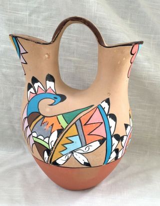 Large Vintage Hand Made & Decorated Jemez Pueblo Pottery Wedding Vase - Signed