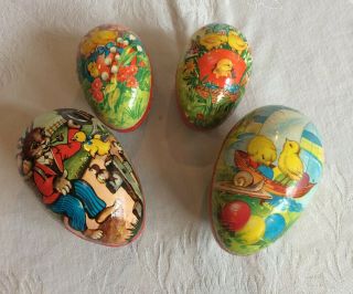 Decoupage Cardboard Easter Eggs Set Of Four Rabbit Rooster Goose Chicks Germany