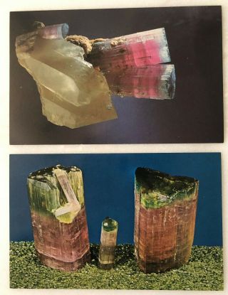 2 Pink & Green Tourmaline Crystal Vintage Postcard Rock Mineral California