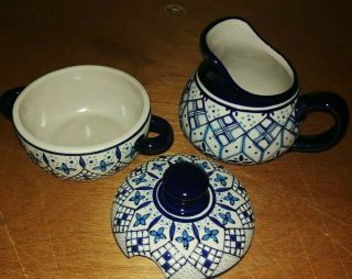 Javier Servin Mexican Pottery Mexico Blues Creamer & Sugar Bowl With Lid