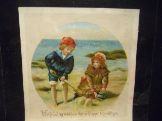 Victorian Scrap 9396 - Christmas Card - Children Making Sand Castles