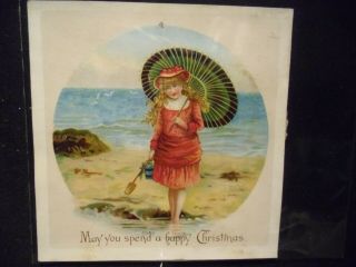 Victorian Scrap 9395 - Christmas Card - Girl With Parasol By The Sea Shore