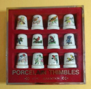 Vintage Porcelain Bird Themed Thimbles Collectible White Gold Trim Set Of 12