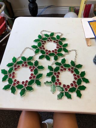 (3) Stained Glass Christmas Wreath Holly Bush 9 1/2” Hanging Chain