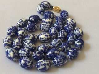 Vintage Chinese Blue & White Porcelain Ming Dynasty Like Pattern Beads Necklace