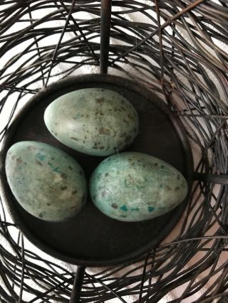 Antique Iron French Basket With 3 Faiences Small Eggs Inside