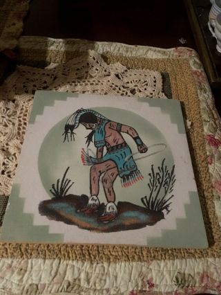 Vintage Signed Navajo Hoop Dancer Native American Indian Sand Painting 12x12