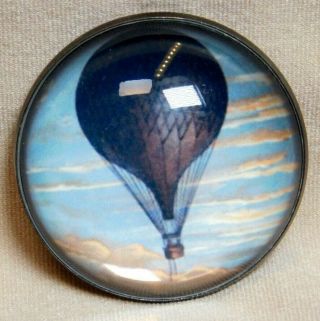 Large Antique Vtg Button Hot Air Balloonprint Under Glass In Metal 1 & 5/16 M6