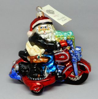 Christopher Radko Sidecar Harley Santa Blown Glass Christmas Ornament