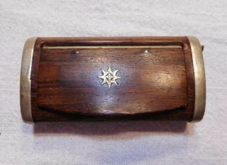 Antique French Wooden Snuff Box Silver Star Flower Inlay Hinged Lid Vintage