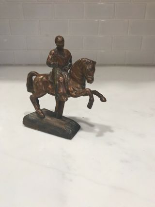 Antique Vintage Joan Of Arc On Horse Copper Metal Figurine On Wooden Pole 4.  5 "