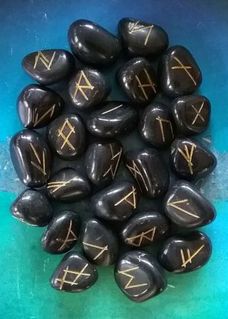 Huge 9 - 10 Oz Black Onyx Rune Stone Set,  Norse,  Elder Futhark,  Wicca,  Pagan Runes