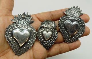 Antique Sacred Heart Jesus Ex Voto 3 Miracle 10.  4 Grams Sterling Silver 925 F - 10