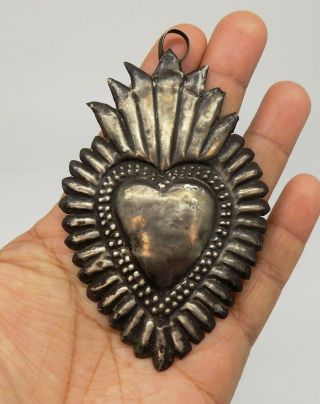 Antique Sacred Heart Jesus Ex Voto Miracle 8 Grams Sterling Silver 925 F - 18