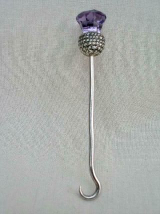 A Good Quality Hallmarked Silver & Amethyst Glass Thistle Finial Button Hook.