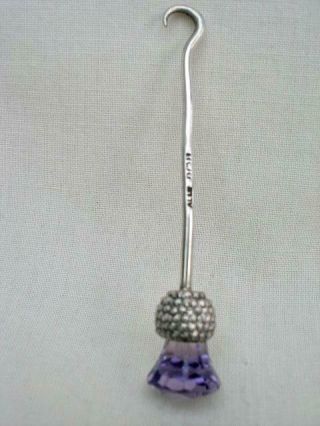 A Good Quality Hallmarked Silver & Amethyst Glass Thistle Finial Button Hook. 3