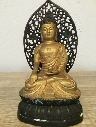 Vintage Antique Bronze Gilt Seated Buddha Asian Thai Chinese Metal 8 1/2 "