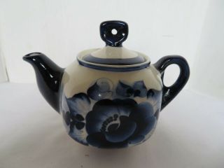 Small 8oz Gzhel Porcelain Teapot W/ Blue Flowers Artwork Hand Made In Russia