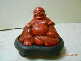 Vintage Small Red Buda On Wood Stand L@@k