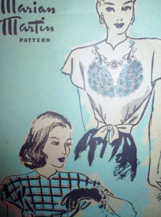 Vtg Marian Martin 9433 Top Pattern Sewing Peacock Transfer C.  1940s Complete 14