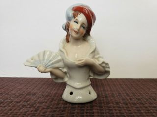 Vintage 3 " Porcelain Woman With Fan & Hat Half Doll Pin Cushion Made In Germany