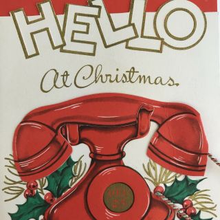 Vintage Christmas Card Greeting Mid Century Old Fashioned Red Phone Telephone