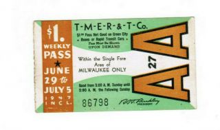 Milwaukee Railway Transit Ticket Pass June 29 - July 5 1947 Weekly Permit