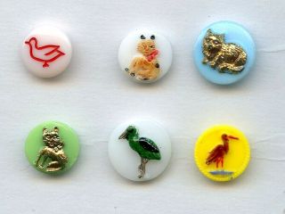 6 Vintage Glass Kiddie Buttons W/painted Cats - - Stork - - Long Legged Bird - - Duck