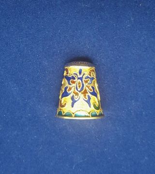 Vintage Plique - A - Jour Thimble Enamel Blue Stain Glass Flowers Gold Top Lovely