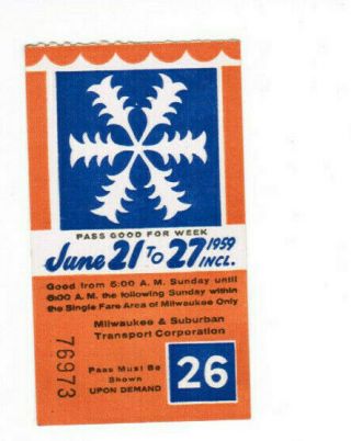 Milwaukee Railway Transit Ticket Pass June 21 - 27 1959 60th Birthday