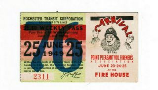 Rochester York Transit Ticket Pass June 25 1949 Pt Pleasant Firemen Carnival