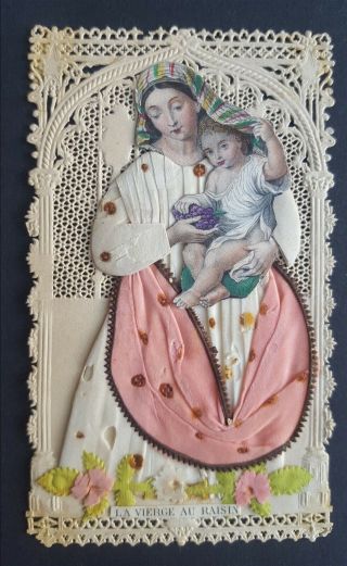 1874 French Lace Holy Card - La Vierge Au Raisin,  Pierre Mignard,  Virgin & Jesus